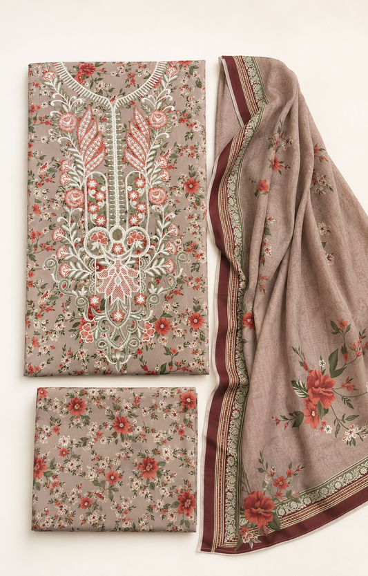 Taupe Floral Embroidered Linen 3-Piece Suit