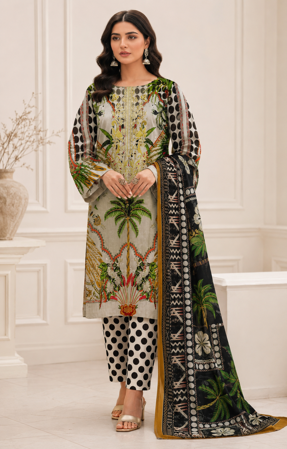 Ivory Botanical Embroidered Lawn 3-Piece Suit with Chiffon Dupatta