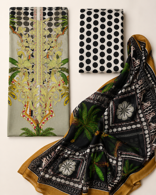 Ivory Botanical Embroidered Lawn 3-Piece Suit with Chiffon Dupatta