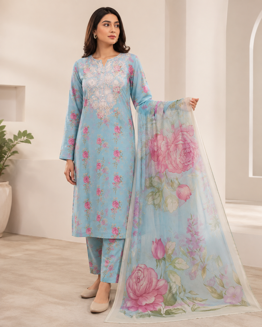 3-Piece Sky Blue Floral Embroidered Lawn Suit with Chiffon Dupatta