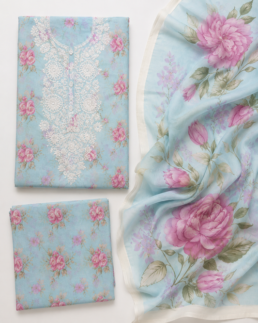 3-Piece Sky Blue Floral Embroidered Lawn Suit with Chiffon Dupatta