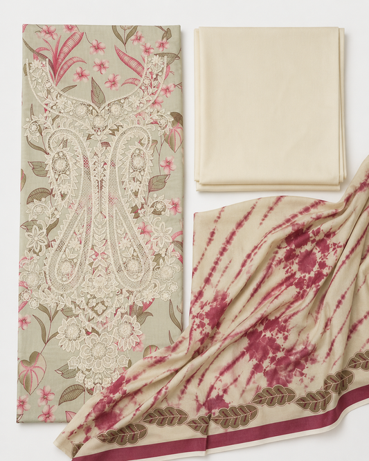 Beige & Rose Floral Embroidered Linen 3-Piece Suit