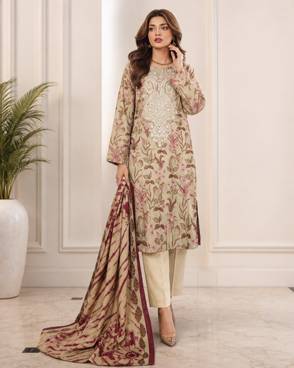 Beige & Rose Floral Embroidered Linen 3-Piece Suit
