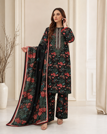 Black Floral Embroidered Linen 3-Piece Suit