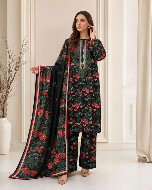Black Floral Embroidered Linen 3-Piece Suit