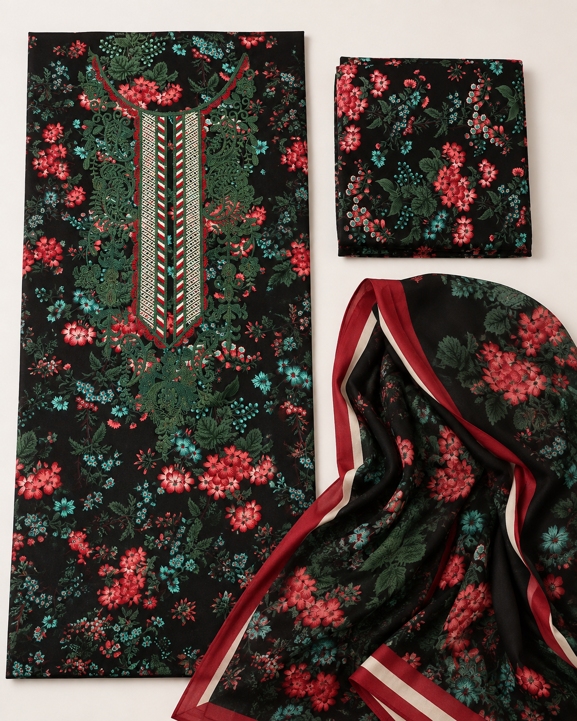 Black Floral Embroidered Linen 3-Piece Suit
