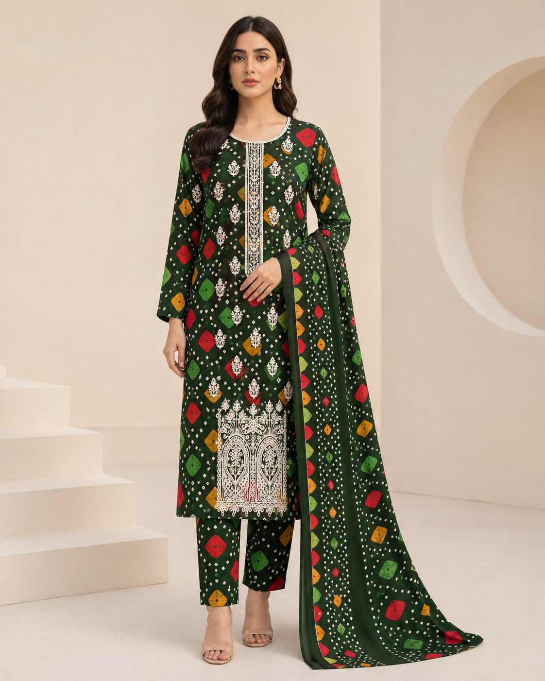3-Piece Deep Green Embroidered Lawn Suit with Chiffon Dupatta