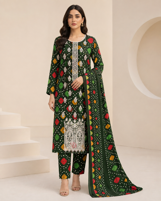 3-Piece Deep Green Embroidered Lawn Suit with Chiffon Dupatta