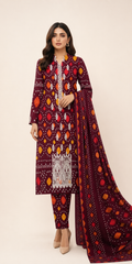 3-Piece Burgundy Embroidered Lawn Suit with Chiffon Dupatta
