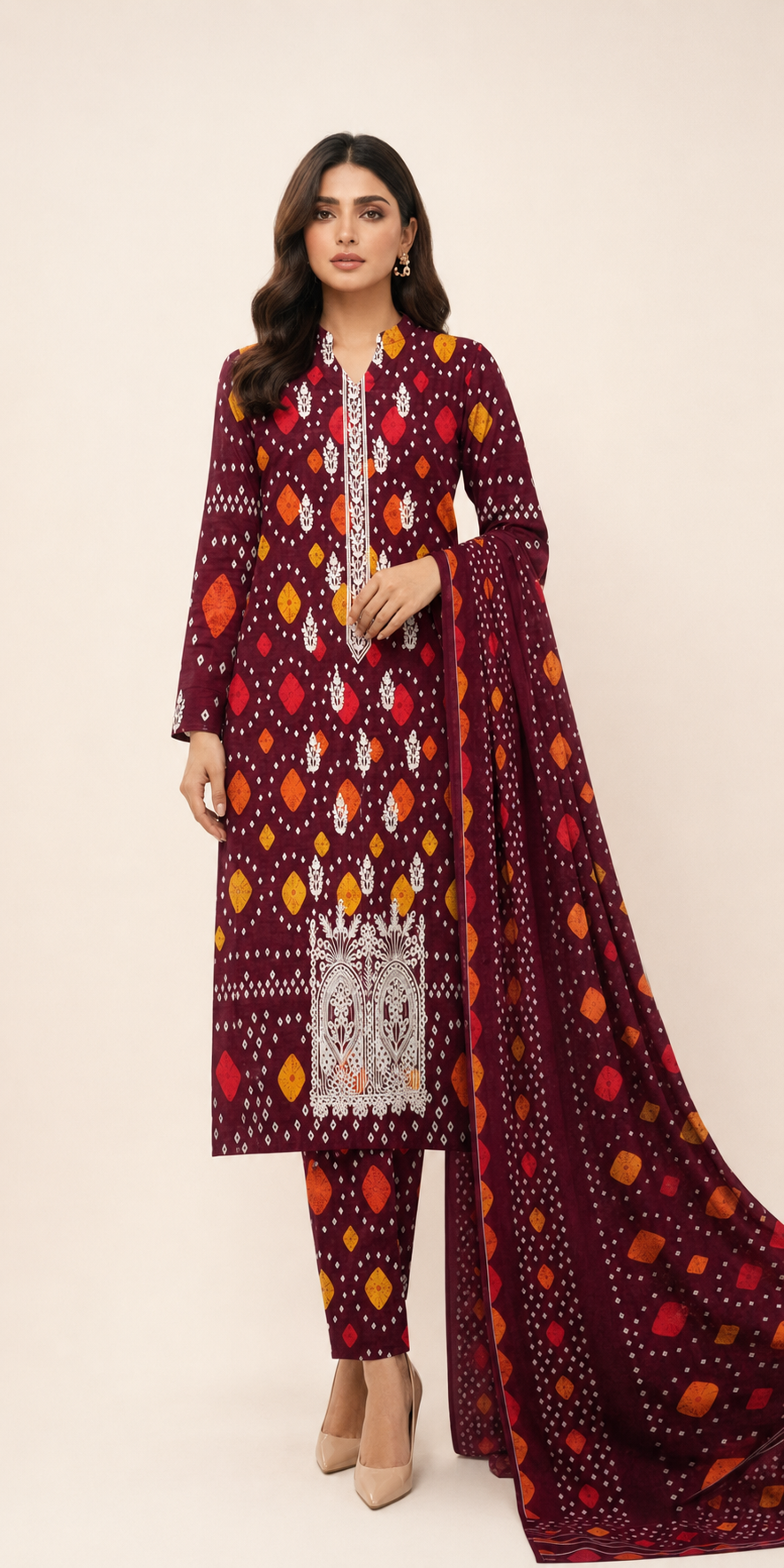 3-Piece Burgundy Embroidered Lawn Suit with Chiffon Dupatta