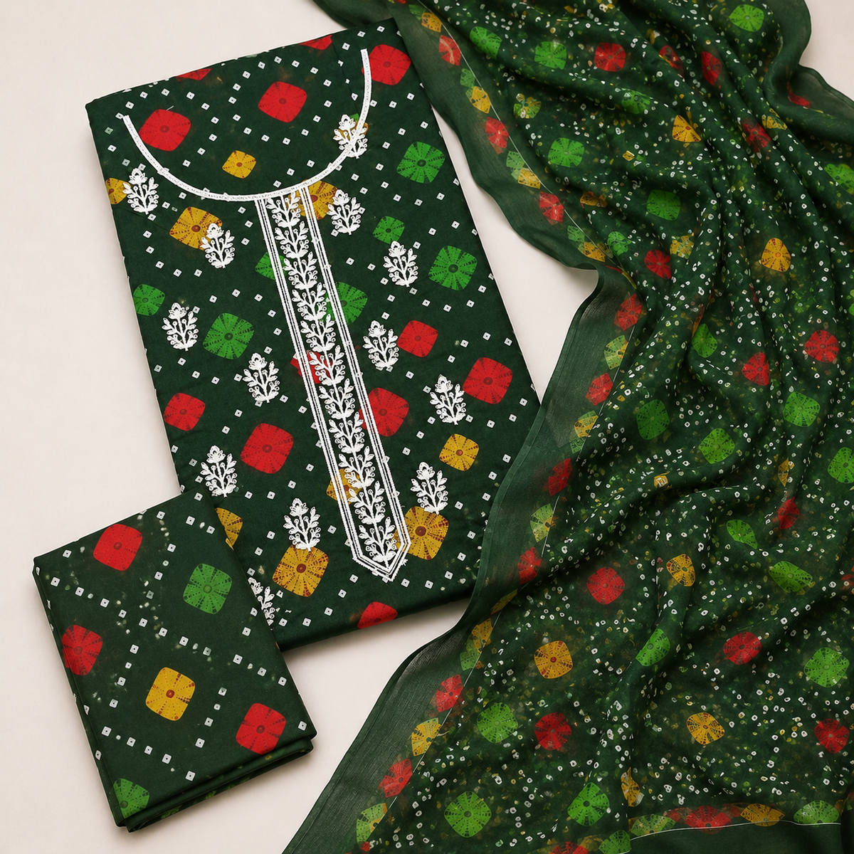 3-Piece Deep Green Embroidered Lawn Suit with Chiffon Dupatta