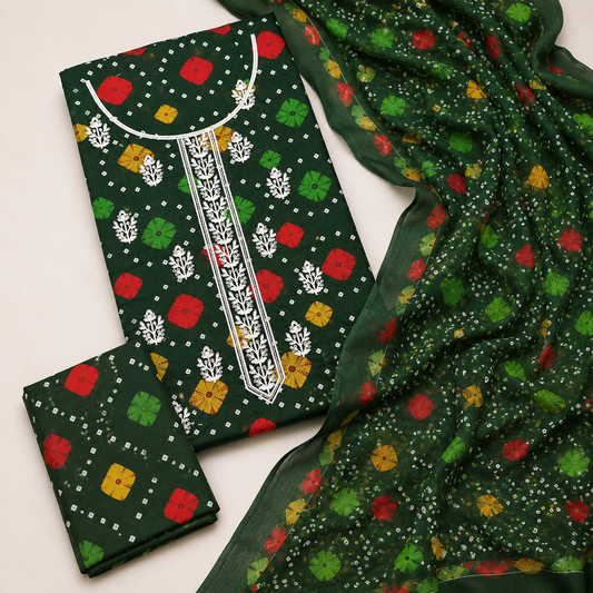 3-Piece Deep Green Embroidered Lawn Suit with Chiffon Dupatta