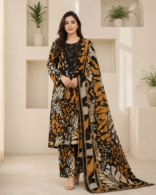 Black & Mustard Embroidered Lawn Suit with Chiffon Dupatta