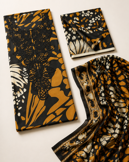 Black & Mustard Embroidered Lawn Suit with Chiffon Dupatta