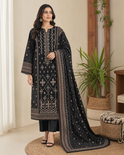 Black Embroidered Linen 3-Piece Unstitched Suit