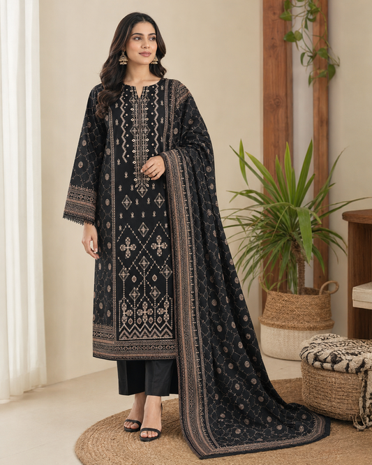Black Embroidered Linen 3-Piece Unstitched Suit