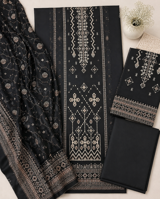 Black Embroidered Linen 3-Piece Unstitched Suit