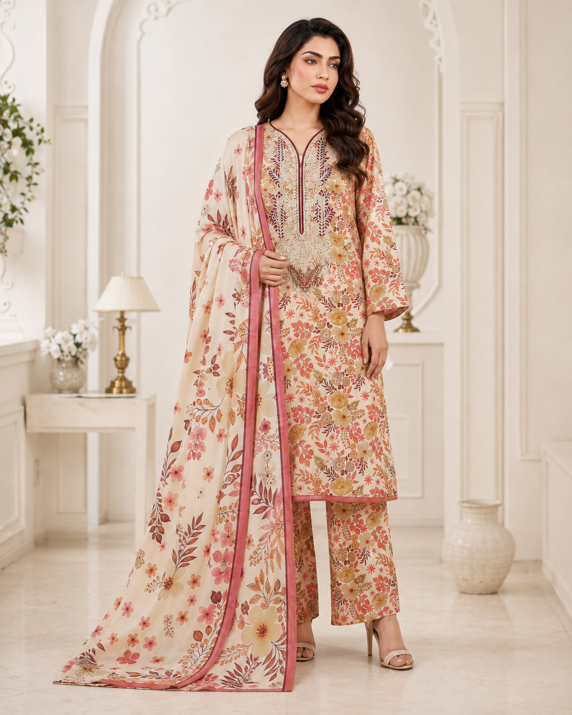 Cream Floral Embroidered Linen 3-Piece Suit