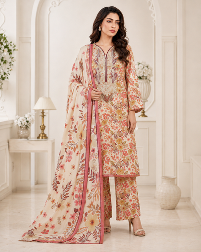 Cream Floral Embroidered Linen 3-Piece Suit