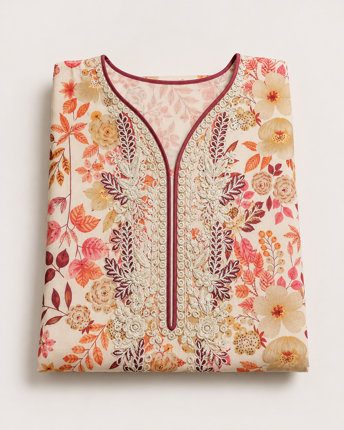 Cream Floral Embroidered Linen 3-Piece Suit