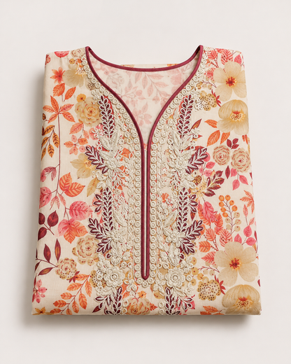 Cream Floral Embroidered Linen 3-Piece Suit