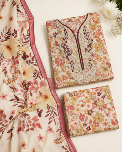 Cream Floral Embroidered Linen 3-Piece Suit