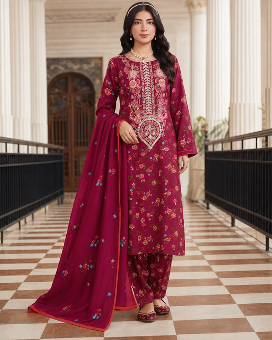 Ladies Embroidered Neck (Linen) Suit — Pink/Red Floral