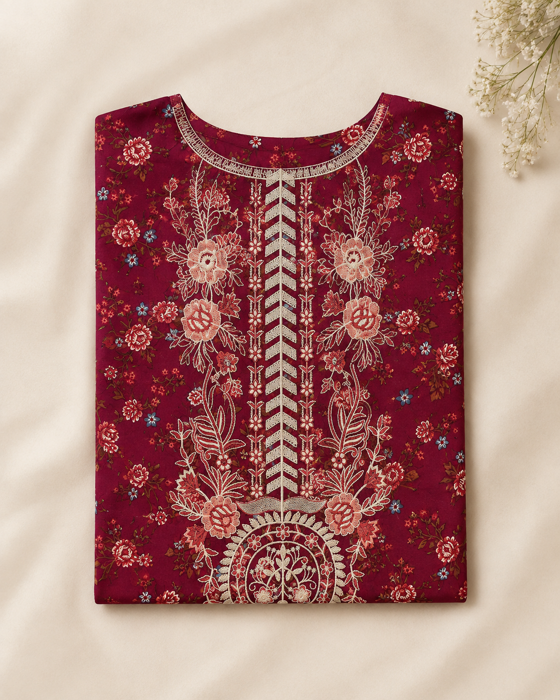 Ladies Embroidered Neck (Linen) Suit — Pink/Red Floral