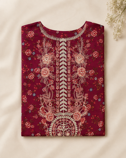 Ladies Embroidered Neck (Linen) Suit — Pink/Red Floral