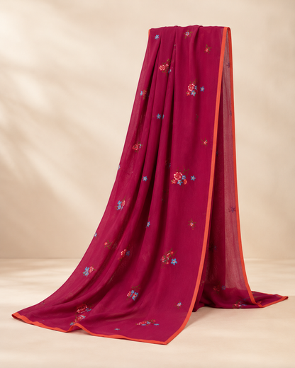 Ladies Embroidered Neck (Linen) Suit — Pink/Red Floral