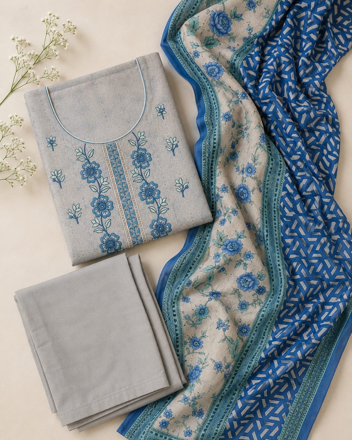 Ladies' Embroidered Neck (Linen) Suit