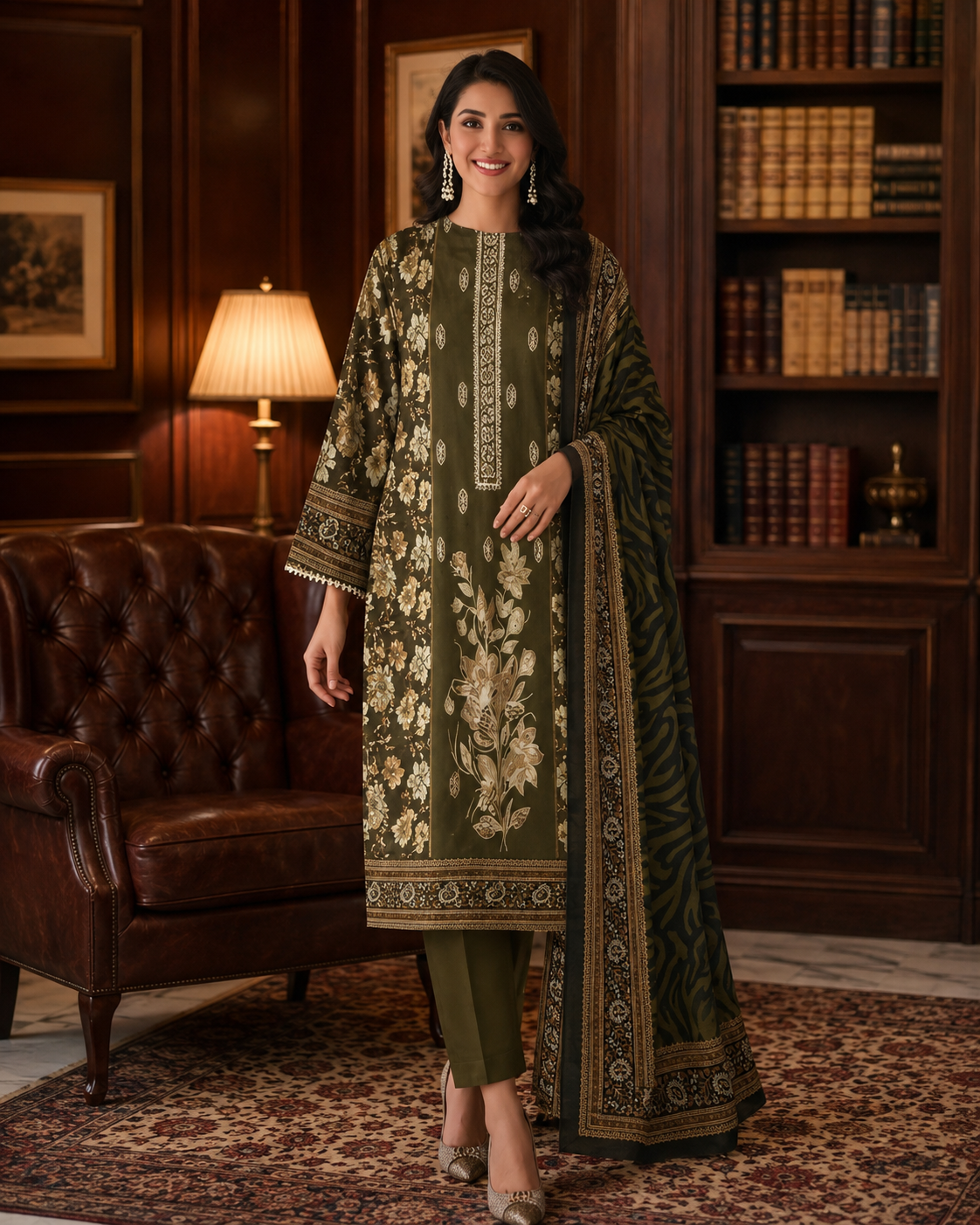 Olive Green Embroidered Lawn 3-Piece Suit