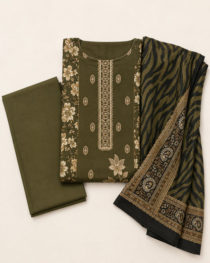 Olive Green Embroidered Lawn 3-Piece Suit