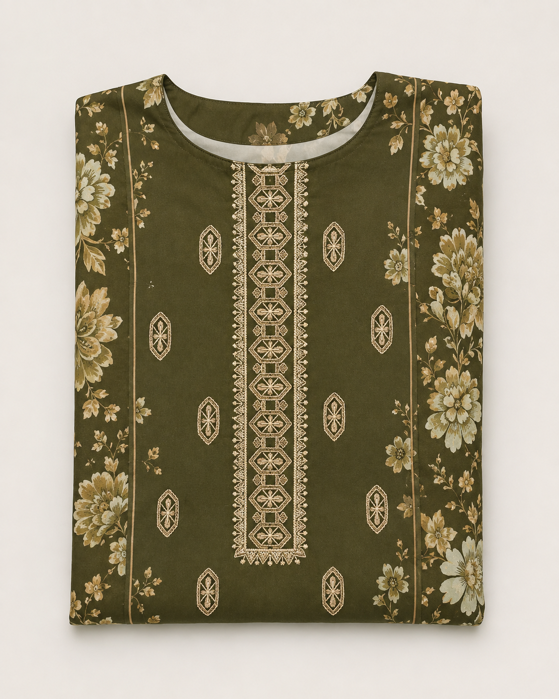 Olive Green Embroidered Lawn 3-Piece Suit