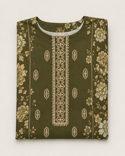 Olive Green Embroidered Lawn 3-Piece Suit