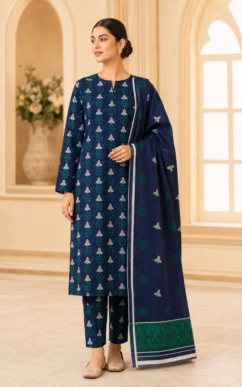 Midnight Navy & Emerald Printed Lawn 3-Piece Unstitched Suit