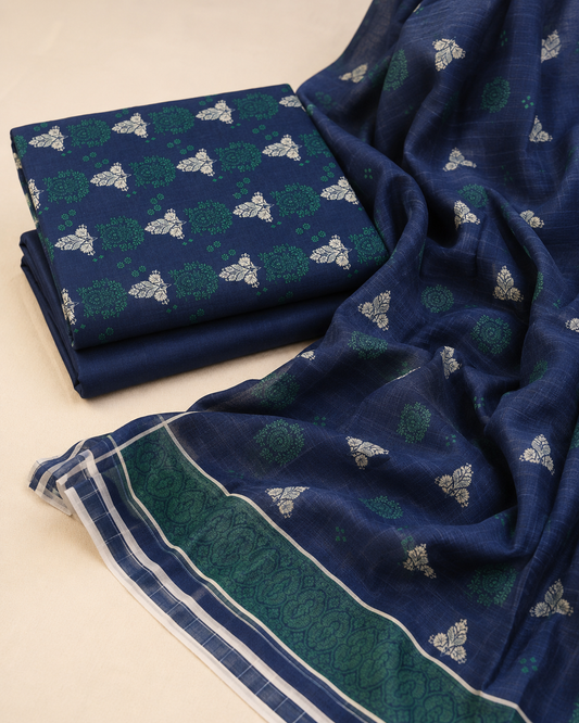 Midnight Navy & Emerald Printed Lawn 3-Piece Unstitched Suit