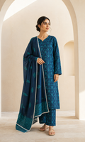 Deep Teal Blue Printed Lawn 3-Piece Unstitched Suit