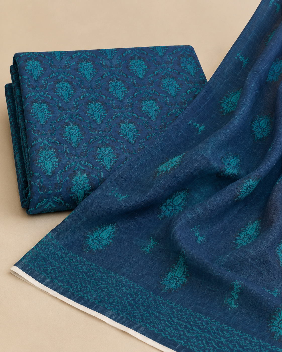 Deep Teal Blue Printed Lawn 3-Piece Unstitched Suit