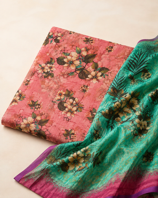 Dusty Coral Floral Lawn 3-Piece Unstitched Suit with Turquoise Dupatta