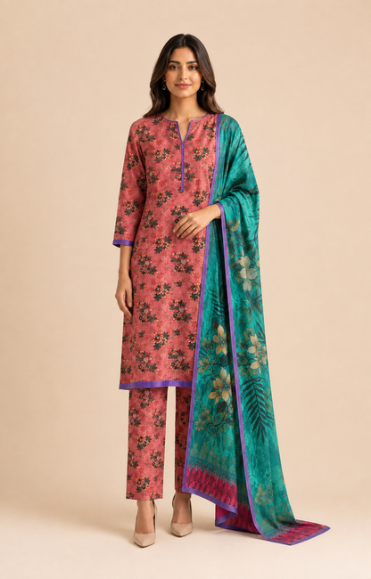 Dusty Coral Floral Lawn 3-Piece Unstitched Suit with Turquoise Dupatta