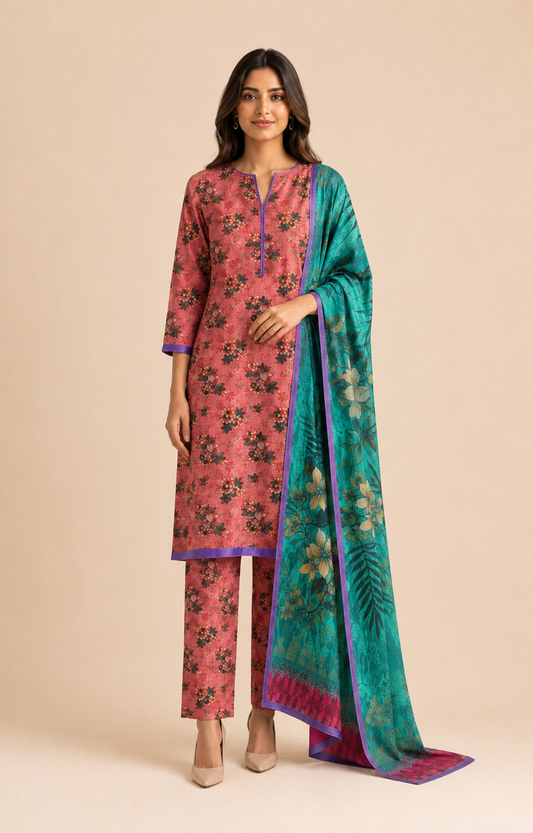 Dusty Coral Floral Lawn 3-Piece Unstitched Suit with Turquoise Dupatta