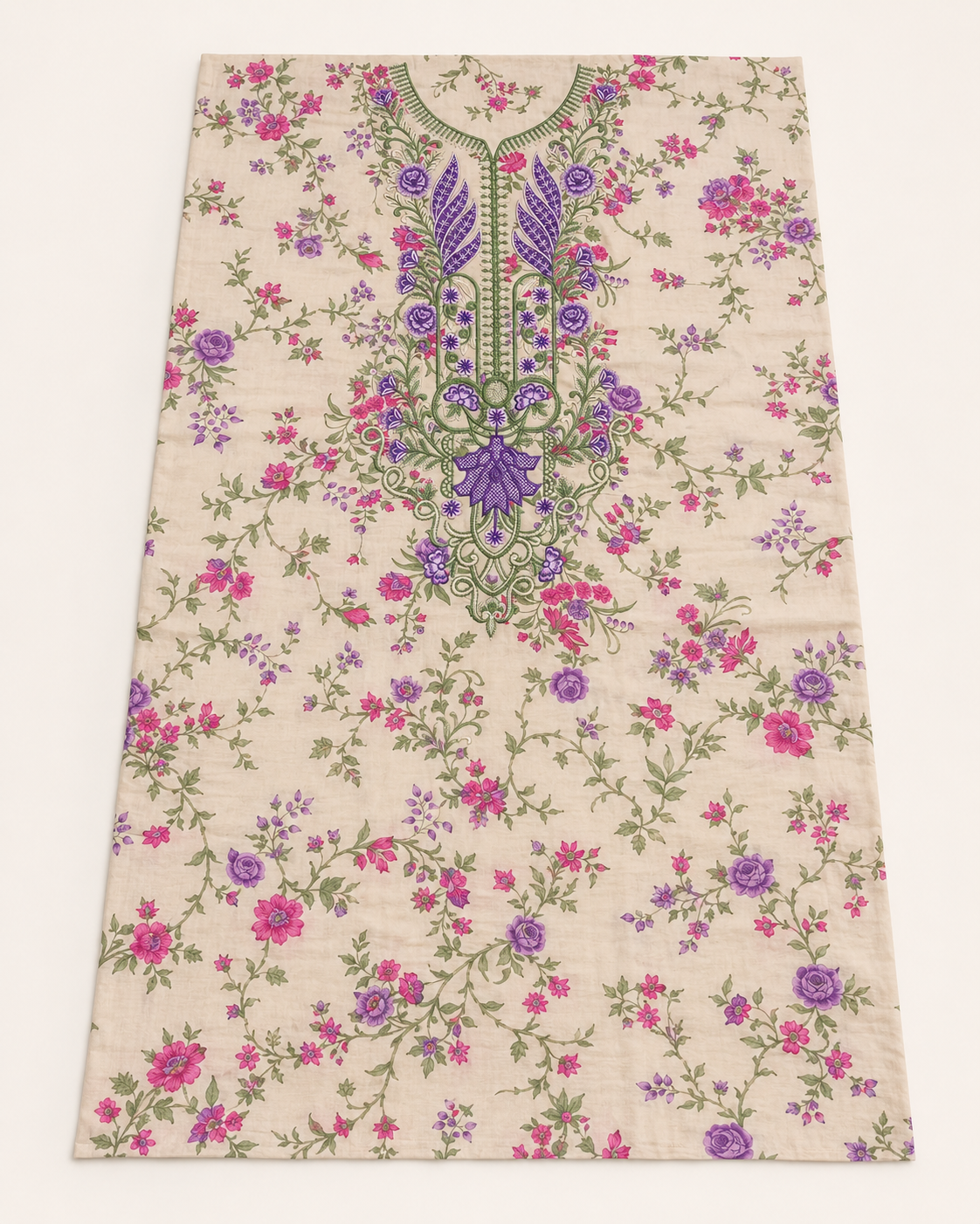 3-Piece Ivory Floral Embroidered Lawn Suit with Chiffon Dupatta