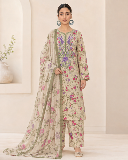 3-Piece Ivory Floral Embroidered Lawn Suit with Chiffon Dupatta