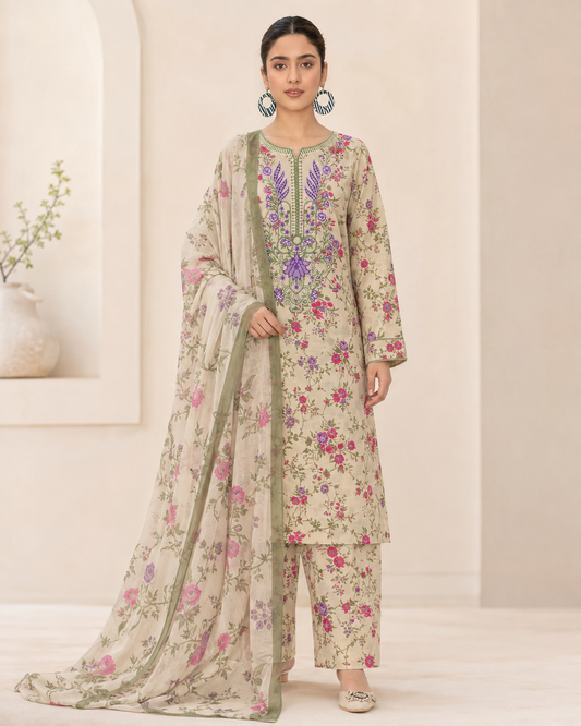 3-Piece Ivory Floral Embroidered Lawn Suit with Chiffon Dupatta