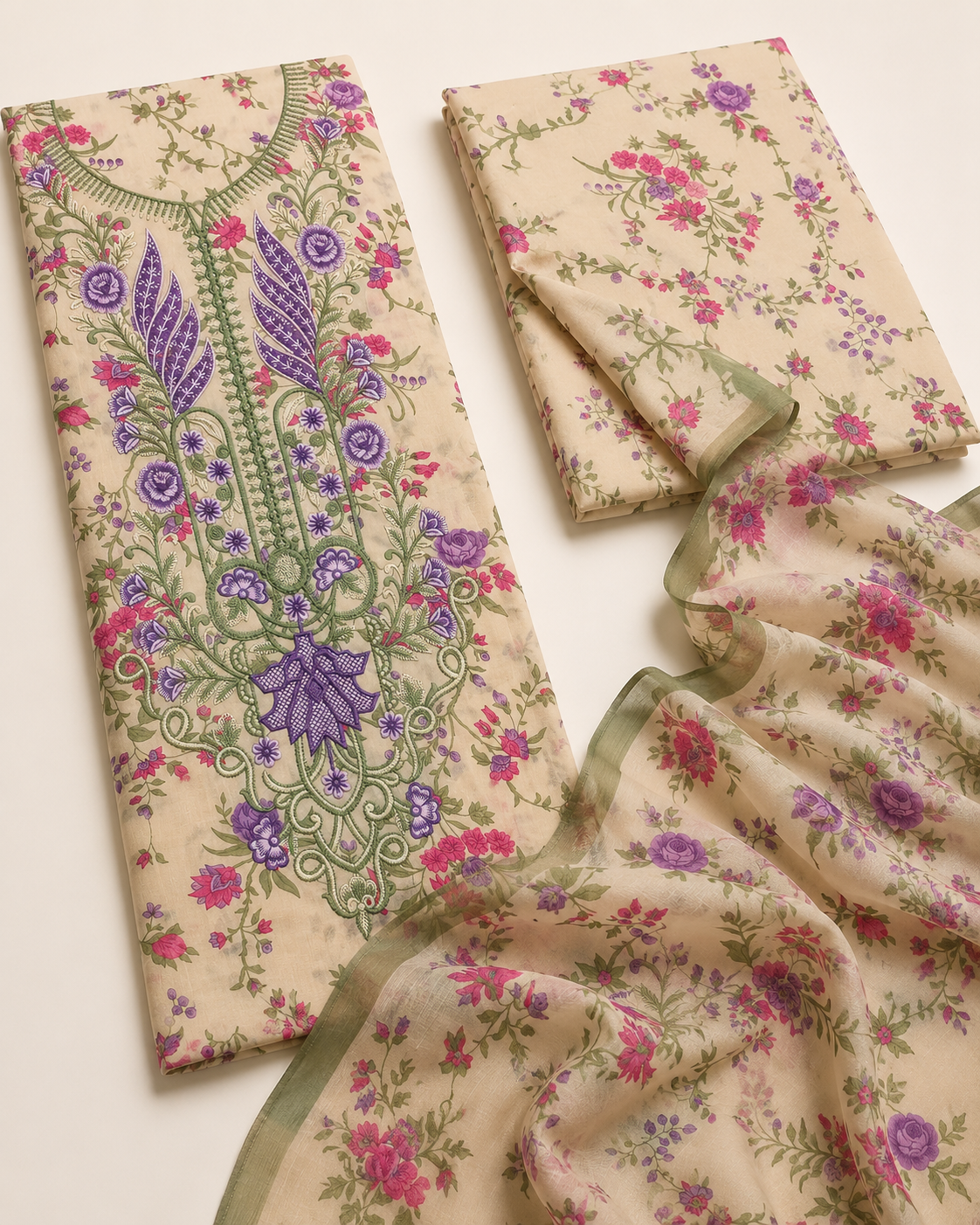 3-Piece Ivory Floral Embroidered Lawn Suit with Chiffon Dupatta